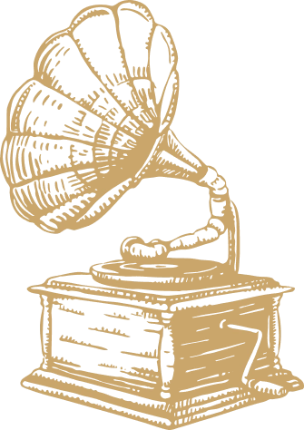 Illustration dessinée à la main d’un gramophone classique avec un grand pavillon, rendu dans un élégant style vintage doré.
