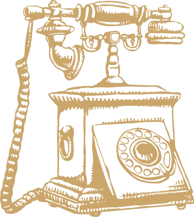 Illustration vintage dessinée à la main d’un téléphone rotatif antique en art linéaire doré détaillé.