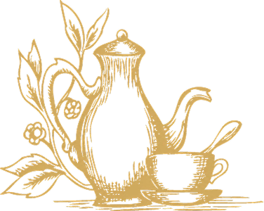 Illustration décorative dessinée à la main d’une théière classique avec une tasse, entourée de feuilles et d’éléments floraux dans un style vintage doré.